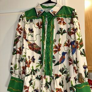 Colorful Bird Print Dress with Green Accents